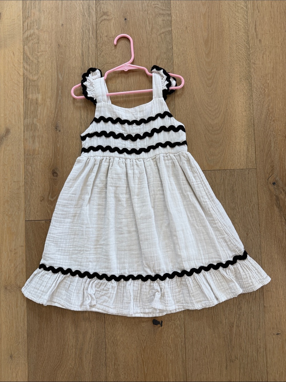 White Cotton Girls Sundress with Black Rickrack Trim